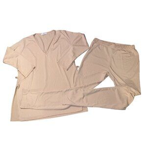Femme Luxe Ribbed Beige Lounge Set M V Neck Top Long Sleeves Elastic Waist Pants